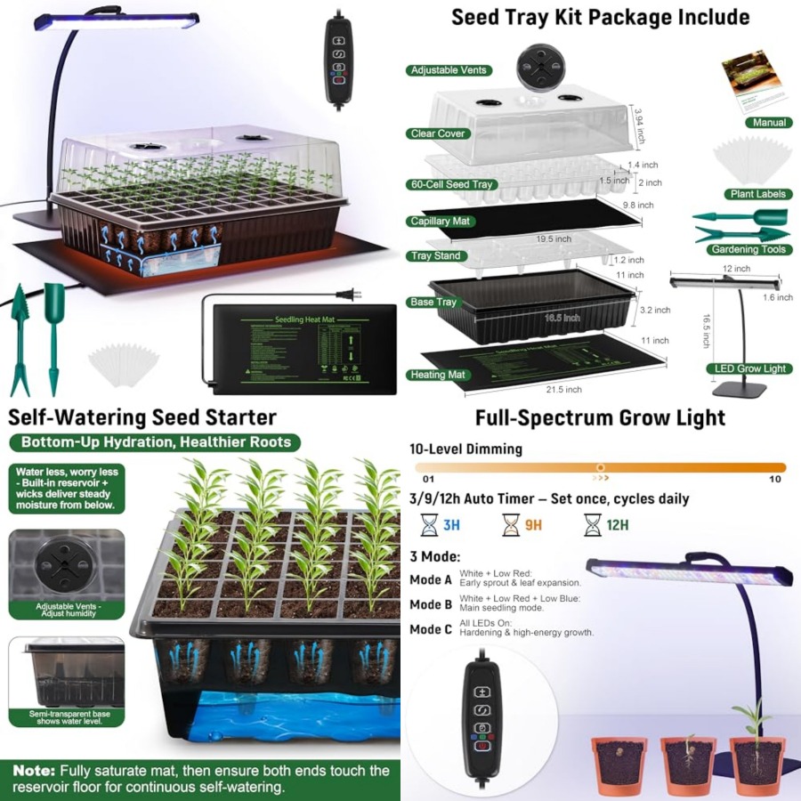 Seedling Heat Mat - 60셀 자가급수 시드 스타터 키트 (성장등